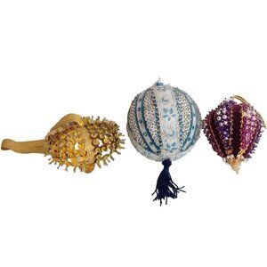 3 Handmade Push Pin Christmas Ornaments Velvet Beaded Large Purple Gold Blue